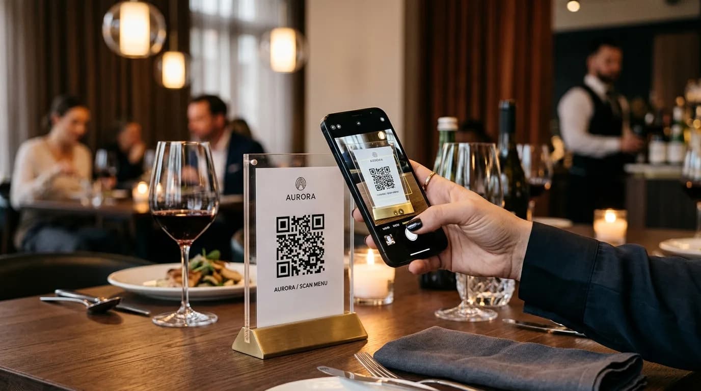 Restaurant diner scanning tabletop QR menu stand with smartphone camera