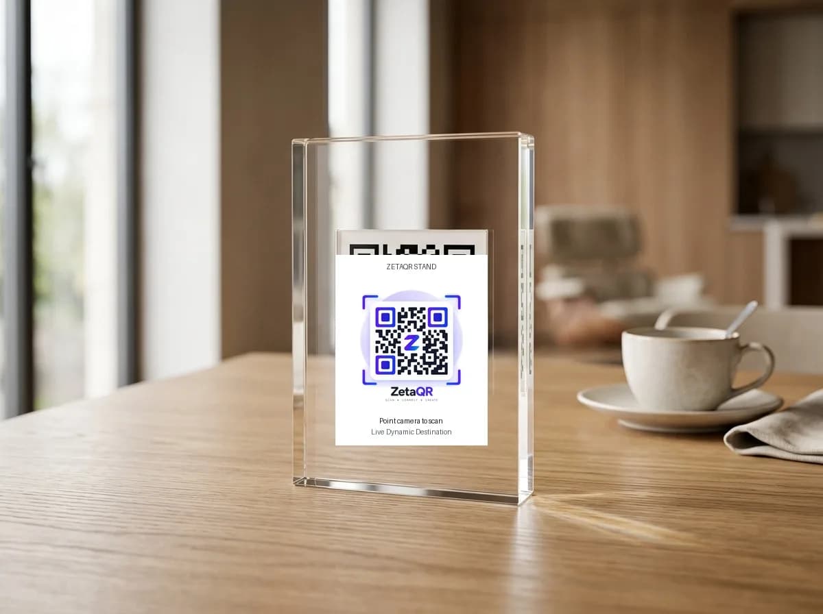 Permanent acrylic tabletop stand with ZetaQR code