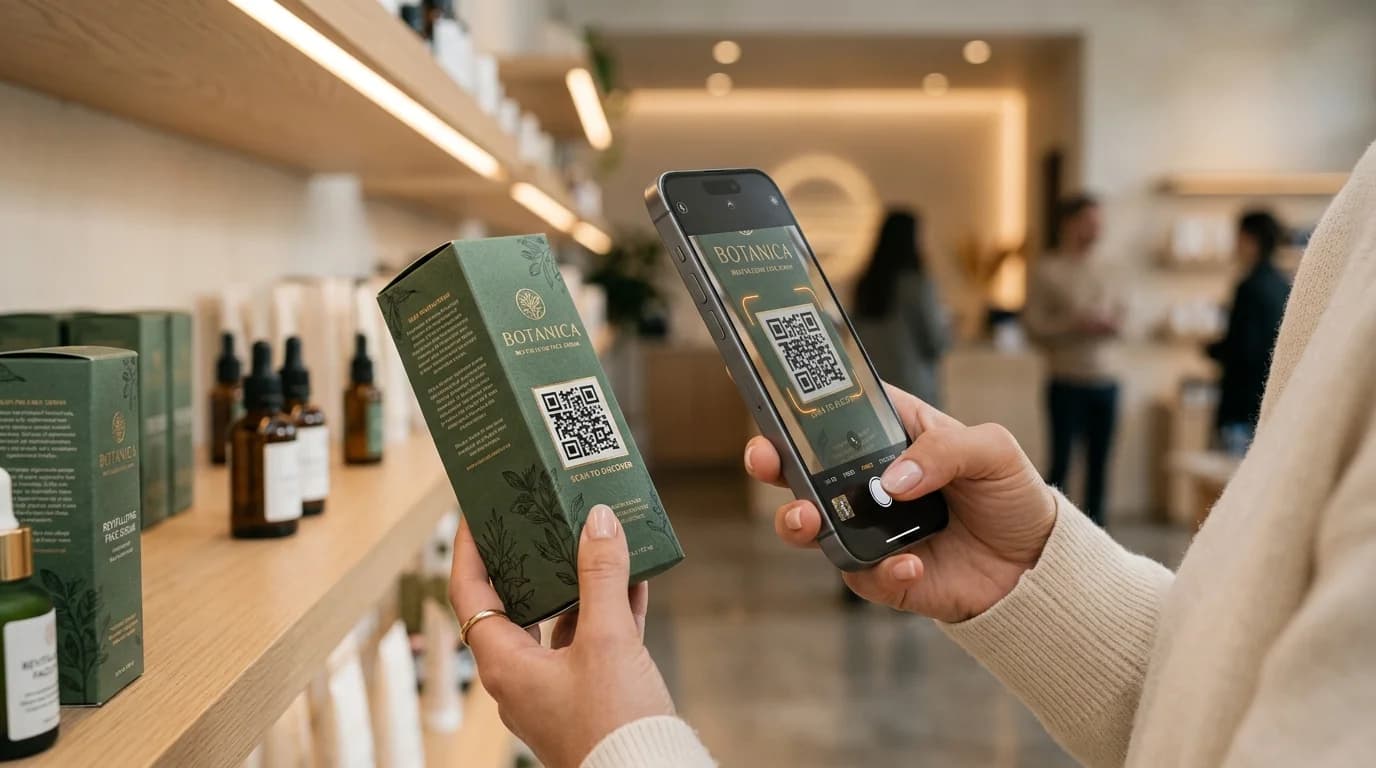 Botanical cosmetic skincare packaging with dynamic QR code