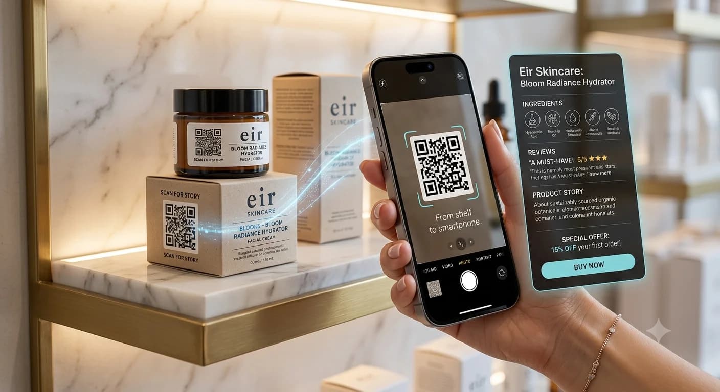 Eir skincare cosmetic jar and box with ZetaQR code scanned by smartphone revealing verified reviews and ingredients