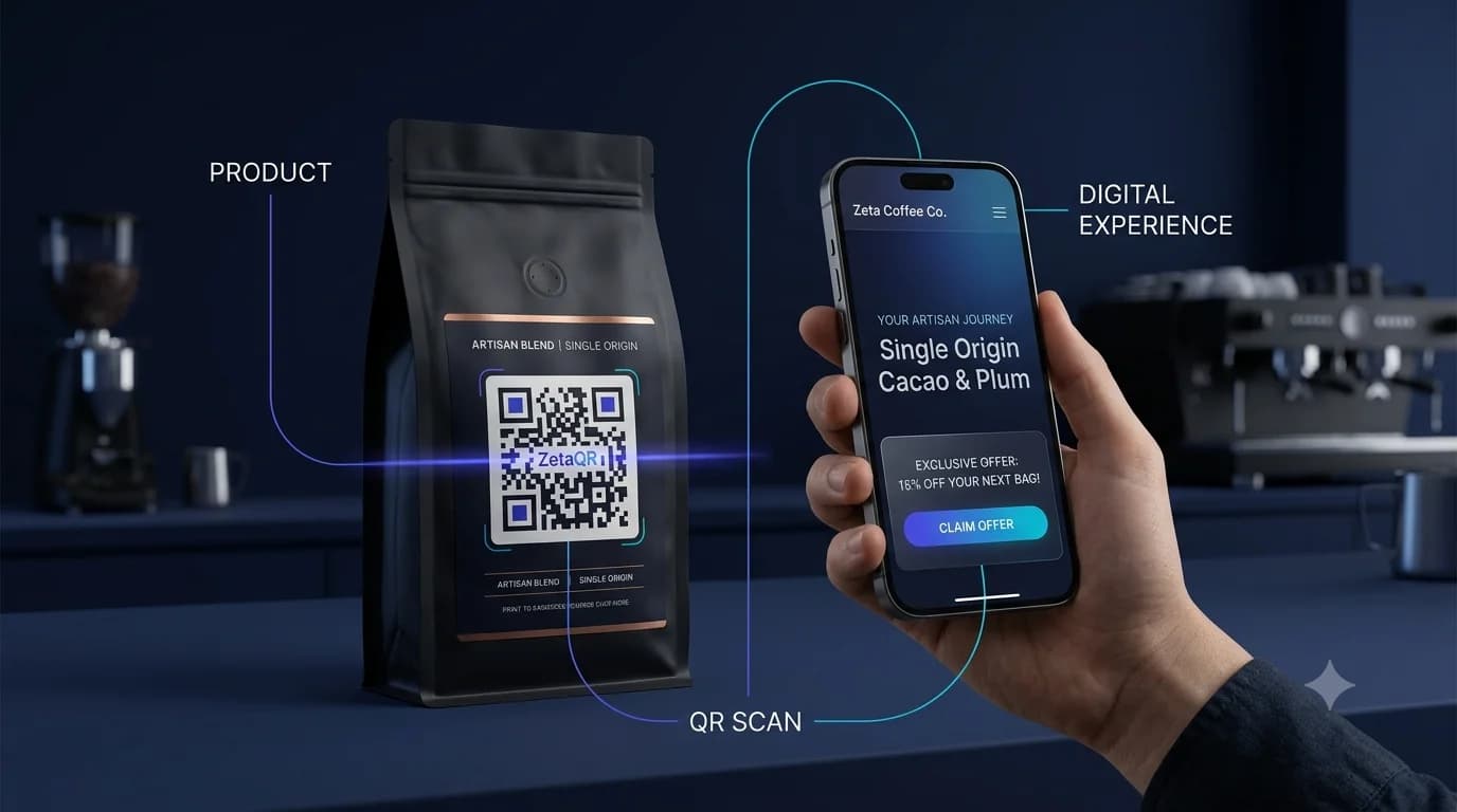 Artisan coffee bag with ZetaQR code scanning into a digital mobile tasting experience and exclusive coupon