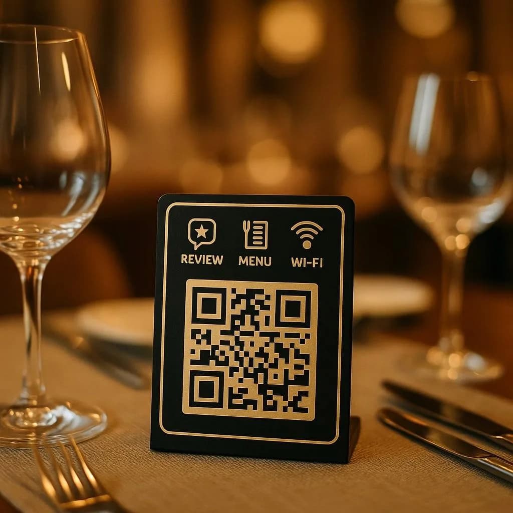 Fine dining table with metallic review, menu, and Wi-Fi QR stand