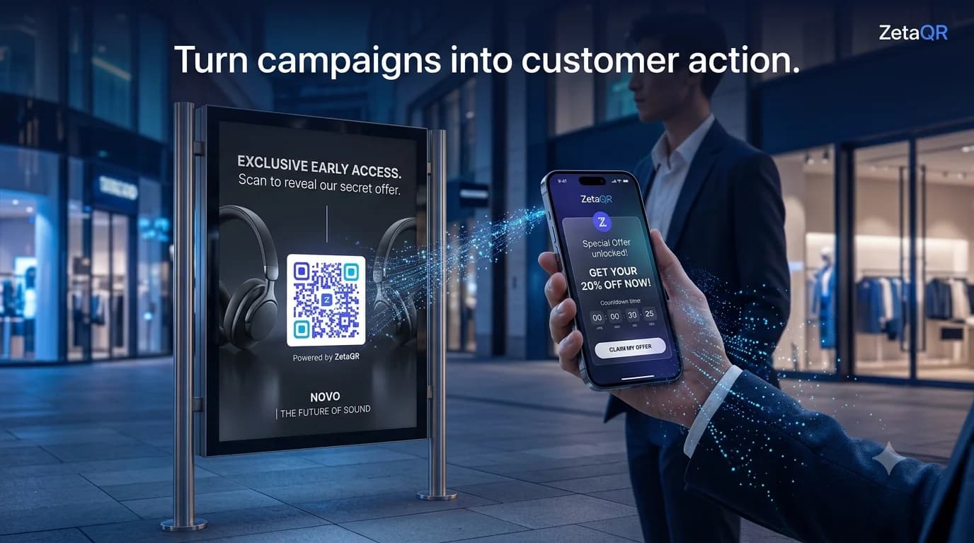 Outdoor street billboard with ZetaQR code scanning into smartphone with secret 20% off offer and countdown timer