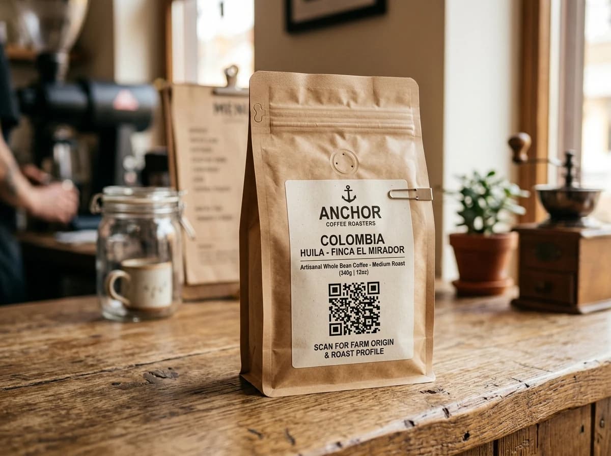 Coffee bag with a QR code on a café counter