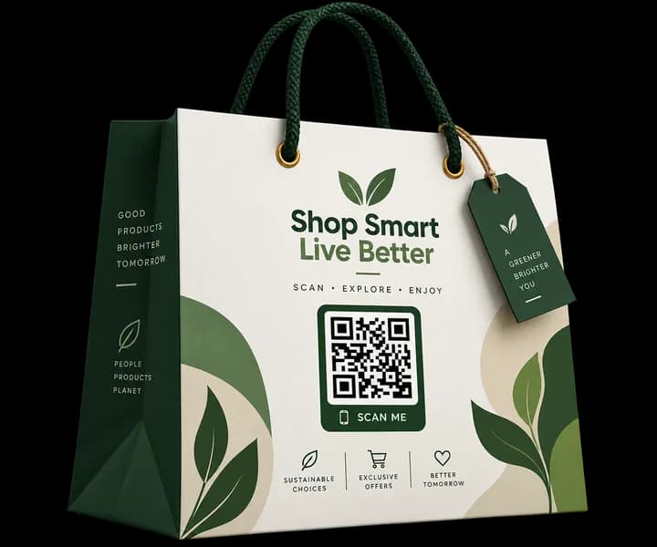 Retail shopping bag with printed promotional QR code