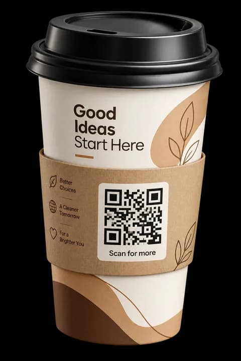 Artisan cafe takeaway cup and checkout counter with QR code payment and review stand