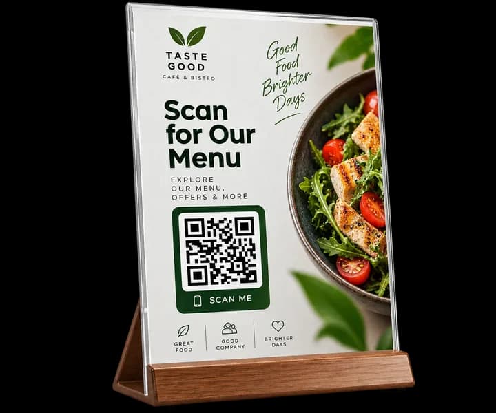 Restaurant physical menu card with integrated dynamic QR code