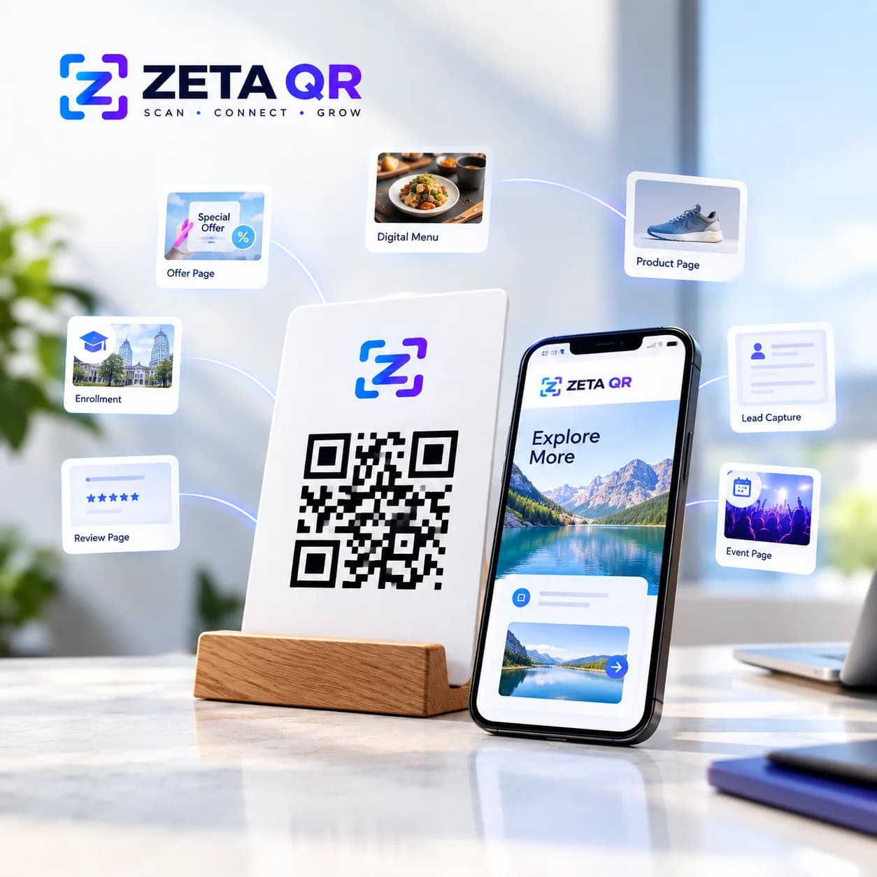 ZetaQR physical-to-digital scan experience connecting wooden acrylic QR stand to smartphone digital destinations including offers, menus, product pages, leads, events, reviews, and enrollments