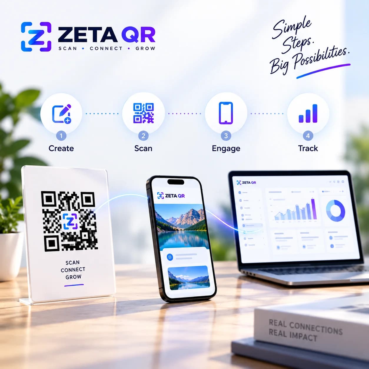 ZetaQR physical-to-digital process: Simple steps, big possibilities — Create, Scan, Engage, Track with acrylic QR stand, mobile scan, and analytics dashboard