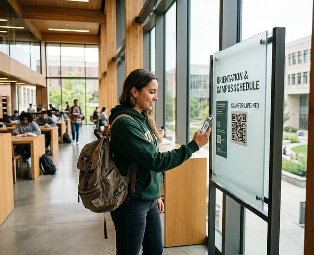 Student scanning university campus orientation and course schedule noticeboard with dynamic QR code