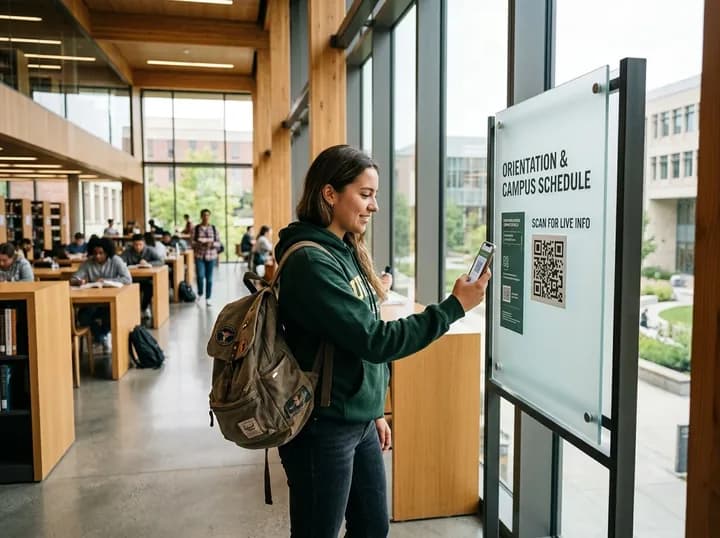 Modern university campus hall with orientation and course schedule noticeboard