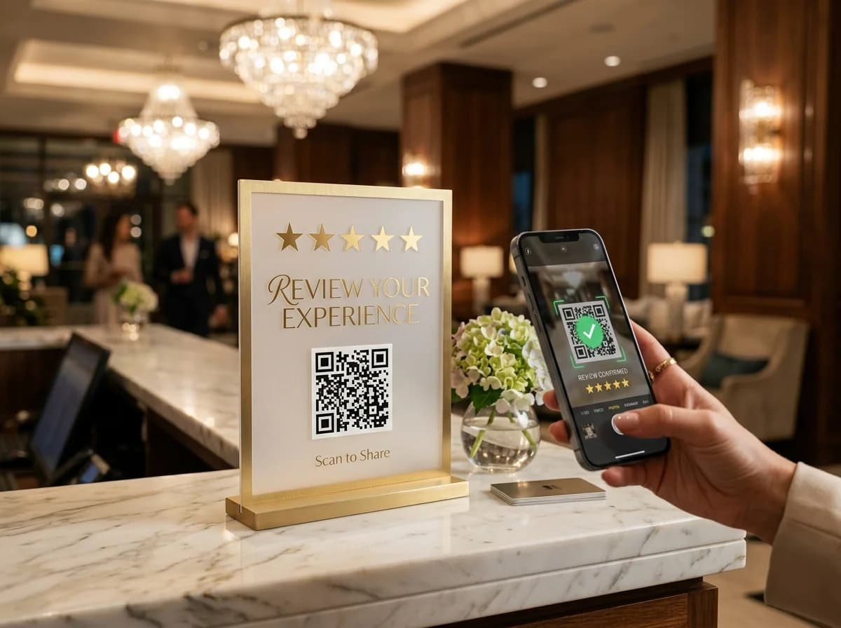 Countertop Google review stand at luxury reception lobby