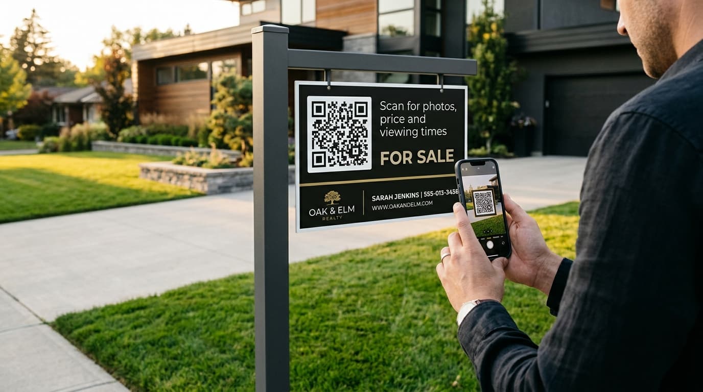 Modern matte real estate yard sign with high-contrast dynamic QR code being scanned by a smartphone on a suburban pavement