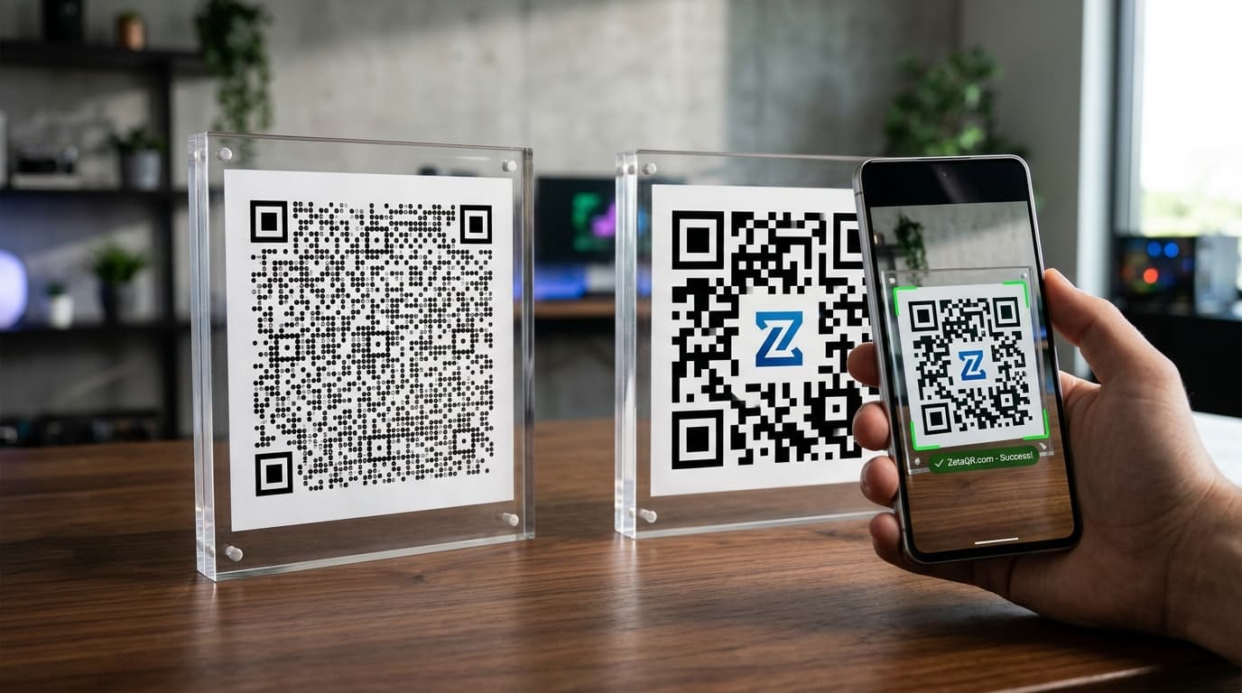 Two QR codes on acrylic display blocks: a dense static code holding a long URL beside a cleaner dynamic code holding a short link